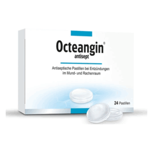Packung mit Octeangin antisepitischen Pastillen für Entzündungen im Mund- und Rachenraum, mit zwei Pastillen sichtbar.