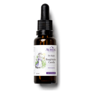 Braune Glasflasche mit schwarzem Tropfer, etikettiert mit "Dr. Klade's Burgfräulein Camilla", einem Massageöl für Entspannung.