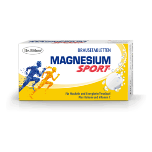 Verpackung von Dr. Böhm Magnesium Sport Brausetabletten für Muskeln und Energiestoffwechsel, mit Sportmotiven.
