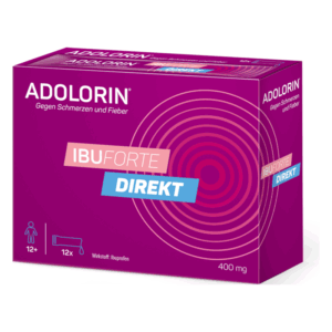 Lila Verpackung von Adolorin IBUFORTE direkt, 400 mg, mit Angaben zu Indikation und Wirkstoff.