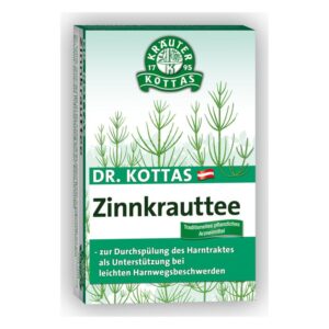 Verpackung von Dr. Kottas Zinnkrauttee mit grüner Pflanzenillustration und Hinweisen auf die Anwendung bei Harnwegserkrankungen.