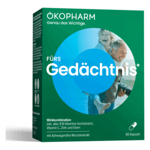 Verpackung eines Nahrungsergänzungsmittels für das Gedächtnis, enthält Vitamine und Ashwagandha-Extrakt.
