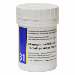 Weißer Kunststoffbehälter mit Schraubverschluss, beschriftet mit Stannum metallicum D3 Tabletten von Adler Pharma.