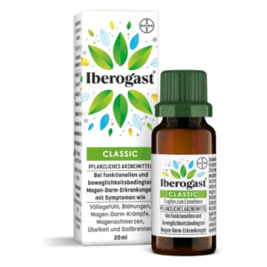 Iberogast Classic, 20 ml Flasche mit grüner Kappe, verpackt in einem Karton mit bunten Blättern und Hinweisen zu Anwendungsgebieten.