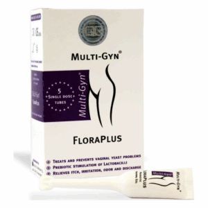 Verpackung von Multi-Gyn FloraPlus mit fünf Einzeldosen für vaginale Beschwerden, einschließlich Applikator.