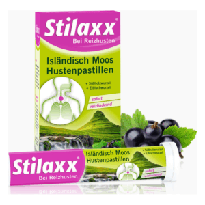 Verpackung von Stilaxx Hustenpastillen mit Abbildung eines menschlichen Atemwegs, isländischem Moos und Kräutern.