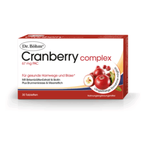 Verpackung von Dr. Böhm Cranberry Complex mit 30 Tabletten, betont gesunde Harnwege und Blase, enthält Biotin und Kräuterextrakte.