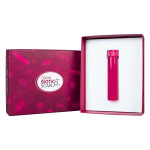 Rosa Verpackung mit dem Aufdruck "OMNi BiOTiC SCAN" und einem transparenten pinken Behälter darin.