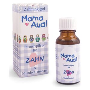 Zahnungsgel in brauner Glasflasche, Verpackung mit bunten Motiven und kariertem Hintergrund, Pflege für Zähne und Schleimhäute.