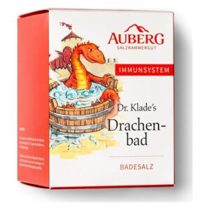 Verpackung von Dr. Klade's Drachenbad mit einem gezeichneten Drachen in einem Holzbottich.