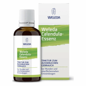 Braune Flasche mit Weleda Calendula-Essenz und Kasten, für äußere Anwendung bei Wunden und Entzündungen.