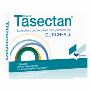 Tasectan Kapseln zur Kontrolle von Durchfall, 15 Kapseln in einer bunten Verpackung von Montavit.