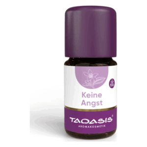 Braunes Fläschchen mit lila Verschluss und Etikett, darauf steht "Keine Angst" und "Taoasis Aromakosmetik".