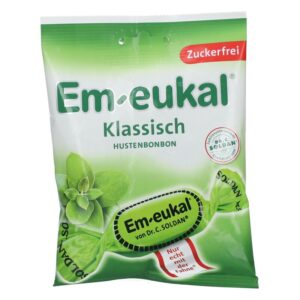 Grüne Verpackung von Em-eukal Klassisch Hustenbonbons, zuckerfrei, mit Kräuterabbildung und Logo Dr. C. Soldan.