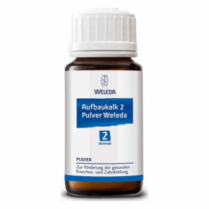 Braunes Glasfläschchen mit weißem Schraubverschluss, enthält Aufbautalk 2 Pulver von Weleda für gesunde Knochen- und Zahnbildung.