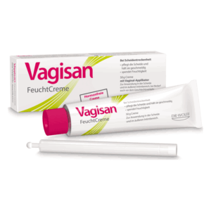 Vagisan FeuchtCreme in einer weißen Tube mit pinkem Deckel, neben der Verpackung und einem Vaginal-Applikator.