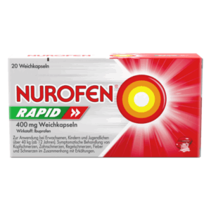 Packung Nurofen Rapid mit 20 Weichkapseln, enthält 400 mg Ibuprofen zur Schmerzbehandlung.