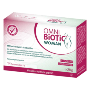 Verpackung von OMNi-BiOTiC WOMAN, einem Nahrungsergänzungsmittel mit hochaktiven Laktobazillen in Portionen.