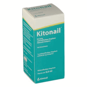Packung mit Kitonail, einem antimykotischen Nagellack mit 80 mg Ciclopirox, für Erwachsene, 6,6 ml.