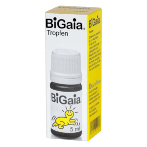 Pappschachtel mit BiGaia Tropfen, 5 ml, gelbes Design mit einem lächelnden Kindermotiv