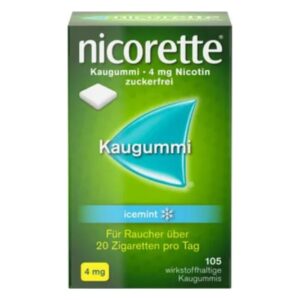 Verpackung von Nicorette Kaugummi, Geschmack icemint, 4 mg Nikotin, zukunftsweisendes Design in Grüntönen.