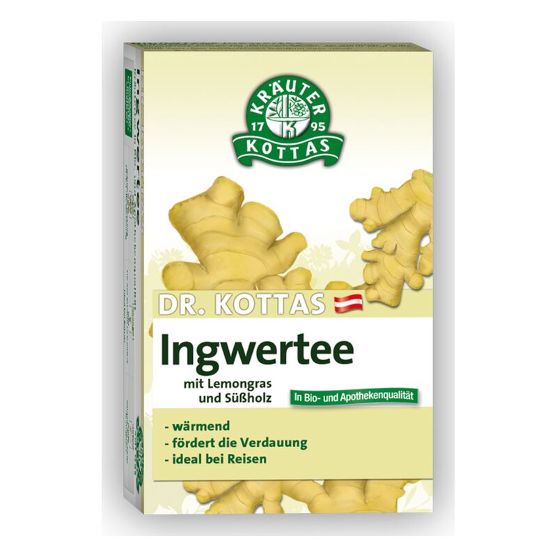 Verpackung von Dr. Kottas Ingwertee mit Lemongras und Süßholz, hellgrüner Hintergrund, feine grafische Ingwerillustrationen.