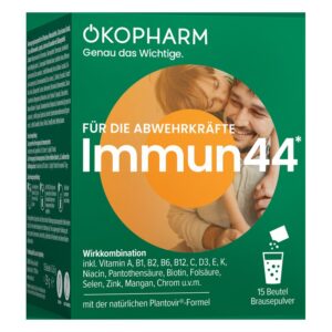 Verpackung von OKOPHARM Immun44 mit Informationen zu Inhaltsstoffen und Wirkung für die Abwehrkräfte.