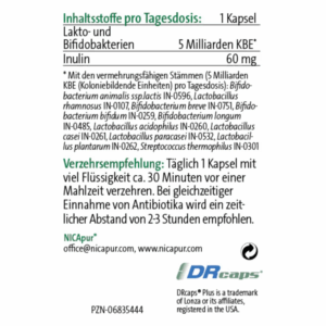 Nährstoffinformation und Einnahmeempfehlung für ein probiotisches Nahrungsergänzungsmittel in Kapsel-Form.