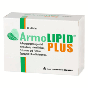Verpackung von ArmoLIPID PLUS, einem Nahrungsergänzungsmittel mit verschiedenen Inhaltsstoffen, in einer weißen Box.