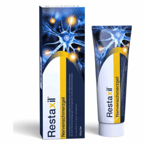 Packung und Tube des Restaxil Nervenschmerzgels mit blauem design und nervösem Hintergrund.