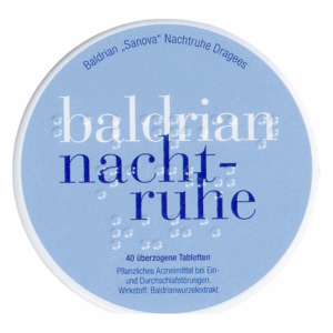 Runde Dose mit blauem Deckel, enthält überzogene Baldrian-Tabletten zur Unterstützung bei Schlafstörungen.
