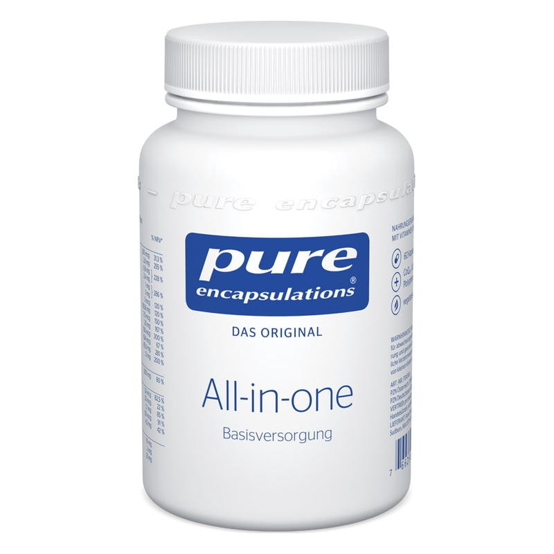 Weißer Kunststoffbehälter mit Schraubverschluss, beschriftet mit "pure encapsulations All-in-one" und Nährstoffangaben.