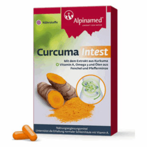 Verpackung von Curcuma Intest mit Kurkuma-Extrakt, zwei Kapseln und einem Bild von Darmbakterien auf rotem Hintergrund.