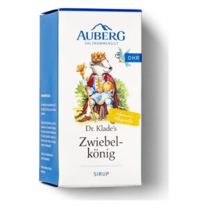 Verpackung des Zwiebelkönig Sirups mit einem gemalten Bären in königlicher Kleidung auf der Vorderseite.