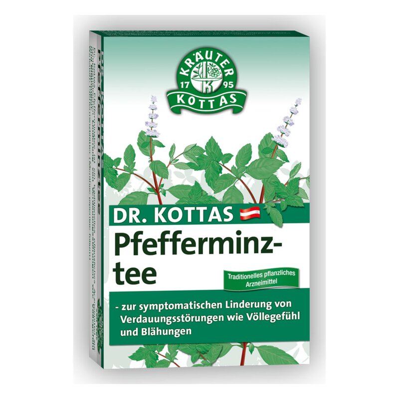 Verpackung von Dr. Kottas Pfefferminztee mit grünen Blättern und Beschreibung zur Linderung von Verdauungsstörungen.