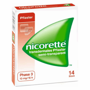 Verpackung eines Nicorette Pflasters in der Phase 3, semi-transparent, mit grüner Kennzeichnung und 14 Stück.