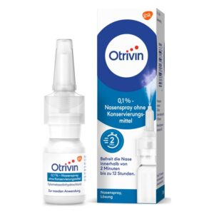 Otrivin Nasenspray, 0,1% ohne Konservierungsstoffe, zur Anwendung bei nasalem Gebrauch, in einer weißen Verpackung.