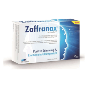 Verpackung des Nahrungsergänzungsmittels Zaffranax mit saffranhaltigem Nutri-Komplex und Vitaminen für positive Stimmung.