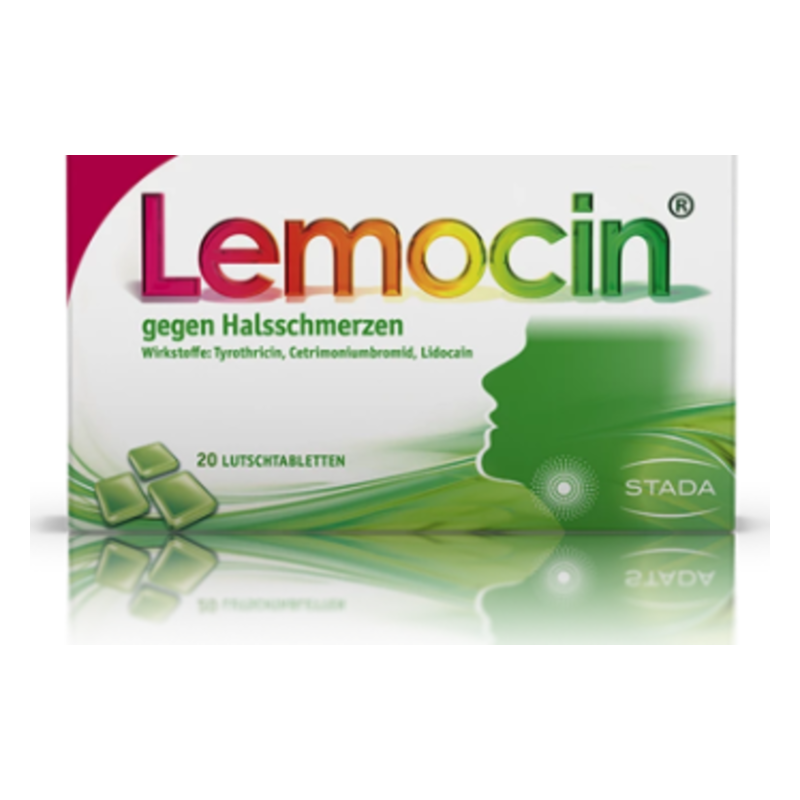 Packung von Lemocin gegen Halsschmerzen mit grüner und roter Gestaltung, enthält 20 Lutschtabletten.