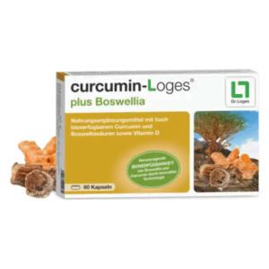 Verpackung von curcumin-Loges plus Boswellia mit Kapseln und Abbildung von Curcuma und Boswellia.
