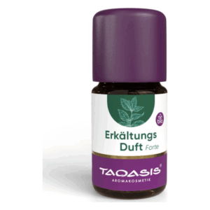 Braune Flasche mit lila Kappe, beschriftet mit "Erkältungs Duft Forte", bio, von Taqasis.