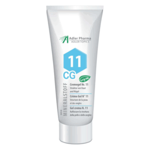 Weißer Tubus mit Cremegel Nr. 11 für Haut und Nägel, vegan, mit blauen und grünen Labels.