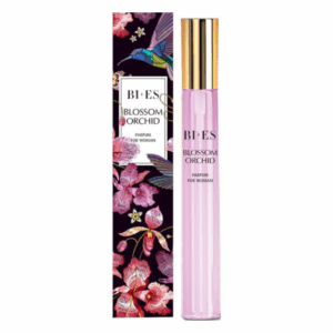 Flakon von BIES Blossom Orchid Parfum für Frauen, umgeben von einer blumigen Verpackung mit Orchideenmotiven.