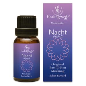 Braune Glasflasche mit schwarzem Deckel, beschriftet mit "Nacht Globuli" und einer violetten Verpackung.