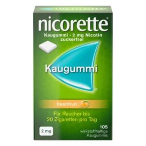 Verpackung von Nicorette Kaugummi, 2 mg Nikotin, zuckerfrei, mit fruchtigem Geschmack, für Raucher.