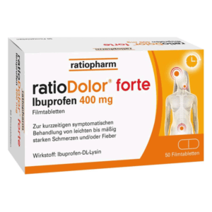 Verpackung von ratioDolor forte mit 400 mg Ibuprofen, zur Linderung von Schmerzen und Fieber.