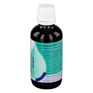 Braune Flasche mit homöopathischen Tropfen, etiketiert mit medizinischen Anwendungshinweisen und Inhaltsstoffen.