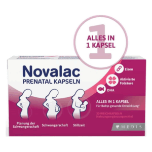 Verpackung von Novalac Prenatal Kapseln mit Informationen zur Anwendung während der Schwangerschaft und Stillzeit.