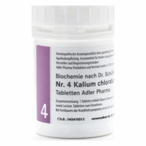Weißer Kunststoffbehälter mit lila Etikett, der homöopathische Tabletten Kalium chloratum enthält.