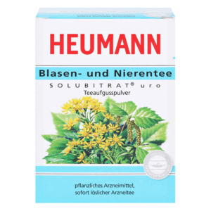 Verpackung von Blasen- und Nierentee, mit gelben Blüten und grünen Blättern auf der vorderen Abbildung.